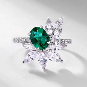 Fashion S925 silver ring with oval emerald and marquise cubic zirconia accents