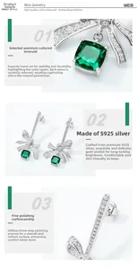 Detail view of S925 silver bow earrings with square emerald gemstones and diamond accents