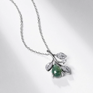 Teardrop moss agate necklace with S925 silver leaf pendant and white zircon accents