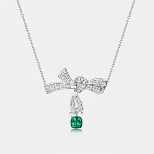 925 Sterling Silver Bowknot Lab-Grown Emerald Pendant Necklace With Rhinestones Elegant Fashion Jewelry For Women Gift