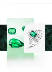 Macro shot of S925 silver ring with emerald-cut green stone and teardrop zircon accents