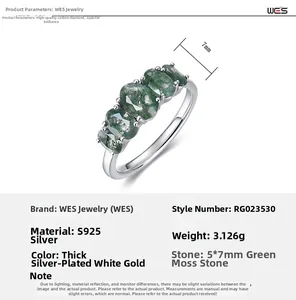 Macro view of S925 sterling silver ring featuring four oval green moss agate stones