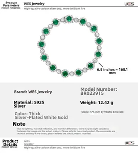 Close-up of S925 sterling silver bracelet with 5x5mm synthetic emeralds and carbon diamonds