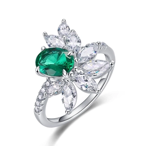 S925 silver ring featuring an oval emerald-cut green gemstone with petal marquise accents