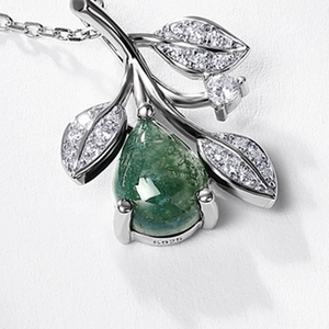 S925 silver leaf pendant necklace with a pear-shaped moss agate and sparkling zircons