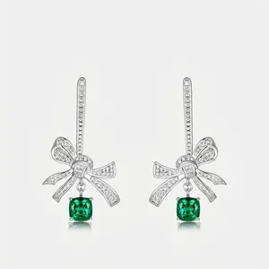 925 Sterling Silver Lab-Grown Emerald Bow Drop Earrings Zirconia Ribbon Pave Set Jewelry For Women Wedding Banquet Gift