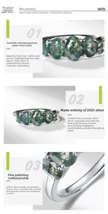 Macro detail of S925 silver ring featuring five oval green moss agate stones with natural textures