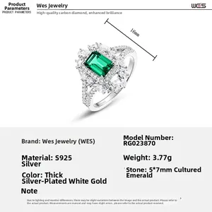 Macro detail of S925 silver ring with 5x7mm rectangular emerald and halo of carbon diamonds