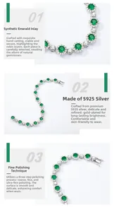 Macro detail of S925 sterling silver emerald bracelet with white zircon inlay craftsmanship