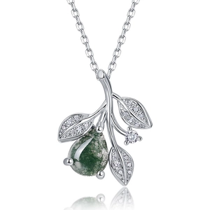 Elegant S925 silver water drop necklace with moss agate pendant and sparkling zircon leaves