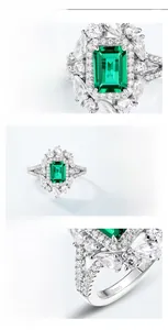Detailed macro view of S925 silver ring featuring emerald-cut green gemstone and halo setting