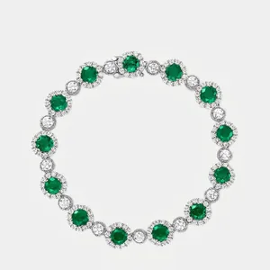 925 Sterling Silver Lab-Grown Emerald Round Halo Bracelet Rhinestone Inlaid Elegant Luxury Jewelry Accessory For Women