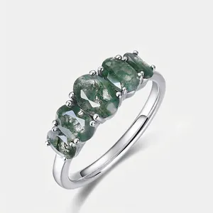 Vintage 925 Sterling Silver Moss Agate Ring For Women Natural Green Water Grass Stone Geometric Finger Ring Jewelry Gift