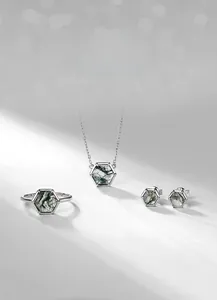 Detailed set of hexagonal natural green moss agate jewelry in 925 sterling silver