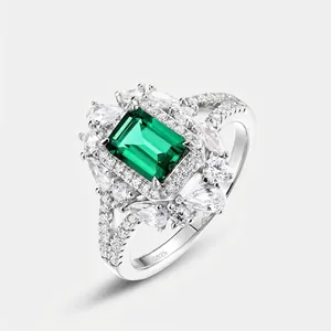 Vintage 925 Sterling Silver Ring For Women Luxury Lab Grown Emerald Created Green Gemstone Zirconia Inlaid Finger Jewelry