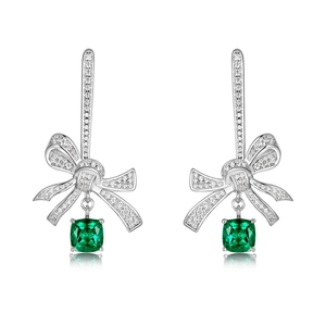 S925 silver bow drop earrings with lab-grown emerald square gems and pave diamonds