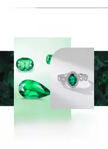 Détail macro de l'émeraude verte ovale avec halo de zircon blanc sur monture en argent