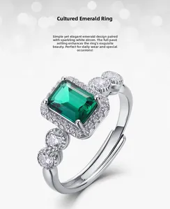 Macro shot of lab-grown emerald ring with S925 silver band and white zircon accents