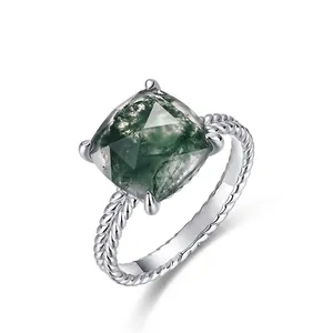 Vintage 925 Sterling Silver Ring For Women Cushion Cut Natural Moss Agate Square Gemstone Twist Rope Band Retro Fashion Jewelry