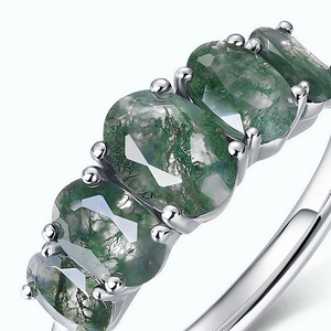 S925 sterling silver ring with five oval moss agate stones in a minimalist row setting