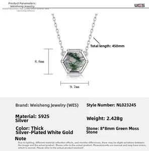 Detailed size specifications for S925 silver hexagonal green moss agate necklace
