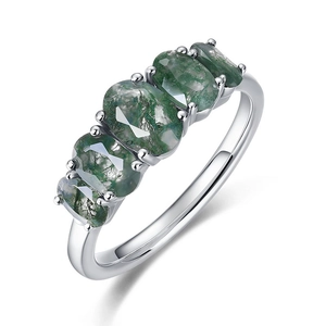 Minimalist S925 silver ring featuring four oval-cut natural green moss agate stones