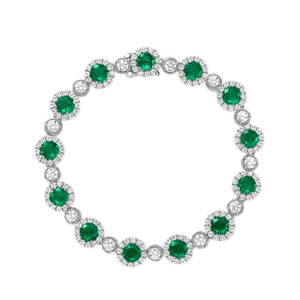 Luxurious halo-set round emerald bracelet with sparkling white diamonds in silver