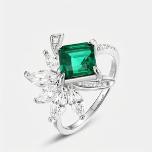 Bague en Argent Sterling 925 avec Émeraude de Culture Motif Floral Vintage Marquise Strass Bague pour Femme Bijoux Élégants Cadeau