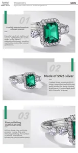 Detail of rectangular emerald-cut lab gemstone in S925 silver setting with halo