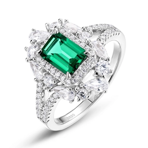 Elegant S925 silver ring featuring a rectangular emerald and teardrop side stones