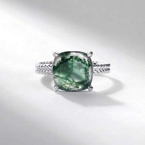Square moss agate ring in S925 sterling silver with a vintage twisted cable band design