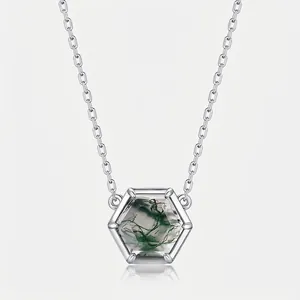 Hexagon Pendant Necklace Natural Moss Agate 925 Sterling Silver Geometric Minimalist Elegant Jewelry For Women