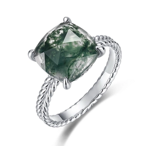 S925 silver moss agate ring with a square gemstone and woven rope band design