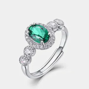 Bague Vintage en Argent Sterling 925 Émeraude de Laboratoire Ovale pour Femmes Élégante Halo Zirconia Anneau Ouvert Réglable