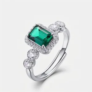 Vintage Emerald Cut Lab-Grown Emerald Open Ring S925 Sterling Silver Inlaid Rhinestone Adjustable Luxury Jewelry For Women
