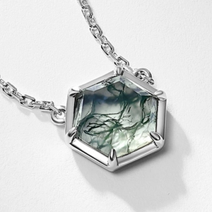 S925 sterling silver hexagonal necklace featuring natural green moss agate stone
