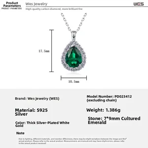 Detailed specs of pear-cut lab emerald S925 silver pendant necklace with dimensions