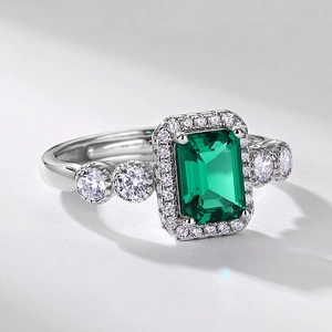Rectangular emerald-cut green gemstone ring in S925 silver with halo diamonds