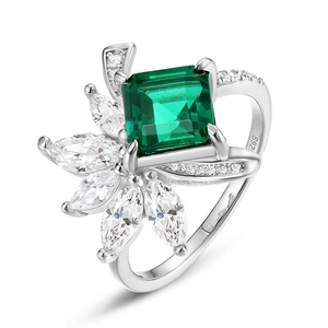 Bague élégante en argent sterling S925 avec pierre verte émeraude et zircons marquises