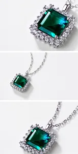 Détail macro du pendentif émeraude carrée en argent S925 et diamants à haute teneur en carbone