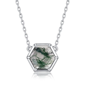 Minimalist S925 silver hexagonal moss agate necklace with a natural green gemstone pendant