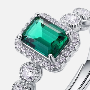 Luxurious S925 silver open ring with rectangle emerald gemstone and halo diamonds