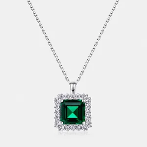 Luxueux Collier Pendentif en Argent Sterling 925 Émeraude de Laboratoire pour Femme Bijoux Halo en Strass et Pierre Verte Carrée