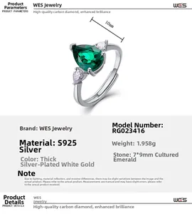 Macro detail of pear-cut emerald silver ring showing precise 7x9mm stone dimensions
