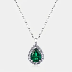 S925 Sterling Silver Created Emerald Pendant Necklace Vintage Elegant Waterdrop Zirconia Halo Necklaces For Women Jewelry