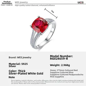 Detailed view of S925 silver ring featuring a 9x9mm lab-grown ruby and split shank with diamonds
