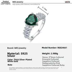 Macro detail of S925 silver ring featuring 9mm heart-cut emerald and side diamonds