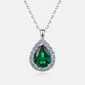 Elegant S925 silver necklace with a teardrop emerald gemstone and halo setting