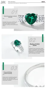 Macro view of heart-cut lab-grown emerald ring with S925 silver setting and side stones