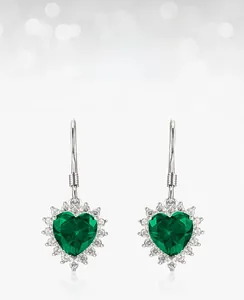 Detailed view of heart-cut lab-grown emerald earrings with halo zircon and S925 silver hooks